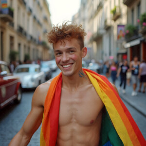 AI-generated Pride celebration art handsome men at vibrant LGBTQ+ Pride parades, embellished with rainbow colors, walking with pride, and celebrating love. By Jeff Dupler.