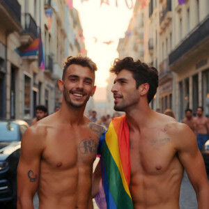 AI-generated Pride celebration art handsome men at vibrant LGBTQ+ Pride parades, embellished with rainbow colors, walking with pride, and celebrating love. By Jeff Dupler.