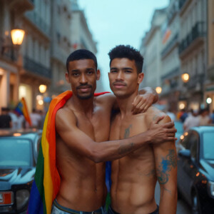 AI-generated Pride celebration art handsome men at vibrant LGBTQ+ Pride parades, embellished with rainbow colors, walking with pride, and celebrating love. By Jeff Dupler.