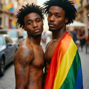 AI-generated Pride celebration art handsome men at vibrant LGBTQ+ Pride parades, embellished with rainbow colors, walking with pride, and celebrating love. By Jeff Dupler.