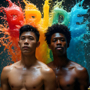 AI-generated Pride celebration art handsome men at vibrant LGBTQ+ Pride parades, embellished with rainbow colors, walking with pride, and celebrating love. By Jeff Dupler.