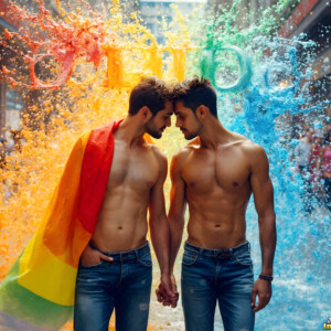 AI-generated Pride celebration art handsome men at vibrant LGBTQ+ Pride parades, embellished with rainbow colors, walking with pride, and celebrating love. By Jeff Dupler.