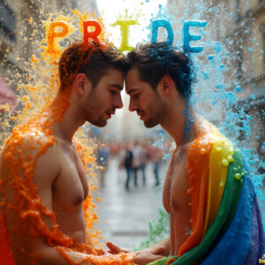 AI-generated Pride celebration art handsome men at vibrant LGBTQ+ Pride parades, embellished with rainbow colors, walking with pride, and celebrating love. By Jeff Dupler.
