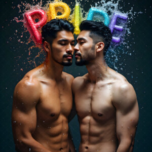 AI-generated Pride celebration art handsome men at vibrant LGBTQ+ Pride parades, embellished with rainbow colors, walking with pride, and celebrating love. By Jeff Dupler.