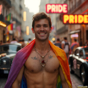 AI-generated Pride celebration art handsome men at vibrant LGBTQ+ Pride parades, embellished with rainbow colors, walking with pride, and celebrating love. By Jeff Dupler.