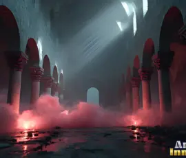AI-generated cinematic wallpapers of forgotten gothic ruins at twilight — crepuscular rays, red mist, decaying stone pillars. UHD fantasy backgrounds. Forgotten gothic ruins at twilight with red mist and crepuscular rays breaking through decaying stone pillars, AI-generated fantasy wallpaper by Art by Innovation