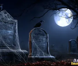 A cinematic shot of a haunted graveyard at night with intricate spider webs. Dim ethereal moonlight casts long, macabre shadows across weathered tombstones, punctuated by sharp crepuscular rays breaking through gnarled bare tree branches. Vast detailed spider webs drape between leaning headstones and stone crosses, glistening with dew. A low rolling fog winds between the graves, creating an intense atmosphere of dread. Volumetric lighting, rim lighting on the textures, 8k resolution, photorealistic, deep contrast, eerie, hauntingly beautiful, in the style of Alex Ross. Haunted graveyard at night with intricate spider webs draped between weathered tombstones, moonlit fog rolling between graves, AI-generated gothic wallpaper by Art by Innovation