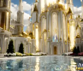 A cinematic shot of a heavenly golden city above the clouds bathed in divine golden light. Tall spires of pearl and gold rise into a luminous sky. Gleaming streets of polished gold reflect the warm divine rays from above. Jeweled walls of sapphire, emerald, jasper, amethyst, and topaz catch the light. Drifting white clouds part beneath the city. Fountains of liquid light cascade upward in marble plazas. Gold-leaf domes and ornate filigree archways. Soft golden mist drifts at ground level. Drifting white feathers and rose petals catching the sun. Volumetric lighting, rim lighting on every gleaming surface, 8k resolution, photorealistic, deep contrast, divine, hauntingly beautiful, in my own, hauntingly beautiful style. Heavenly golden city above the clouds with pearl gates, gold-leaf domes, jeweled walls, and divine golden god-rays from above, AI-generated angelic backdrop by Art by Innovation