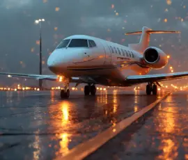 AI-generated small plane wallpapers - private jets, business jets, turboprops, vintage propliners. Blue-hour tarmacs and dramatic skies. UHD aviation art. AI-generated private jet parked on wet tarmac at blue hour with runway lights reflecting, photorealistic cinematic aviation wallpaper by Art by Innovation