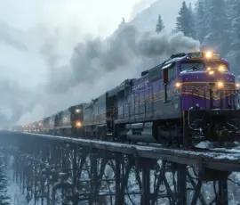 AI-generated train wallpapers — Big Boy, Mallard, Flying Scotsman, Daylight, Shinkansen. Mountain trestles, prairie sunsets, gaslit stations. UHD rail art. AI-generated steam locomotive crossing a snow-dusted mountain trestle bridge at blue hour with alpine peaks behind, photorealistic cinematic rail wallpaper by Art by Innovation