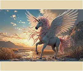 AI-generated unicorn art — majestic white alicorns, rainbow-maned unicorns, and mythical horned horses in breathtaking fantasy landscapes by Jeff Dupler. Majestic white alicorn unicorn rearing up in a magical fantasy landscape, AI-generated art by Art by Innovation