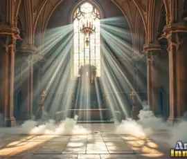 AI-generated backgrounds of sacred Gothic cathedrals — sunlit stained-glass rays, white mist, marble pillars, golden candlelight. Holy UHD wallpapers. Sacred gothic cathedral interior with sunlit stained-glass rays cutting through soft white mist, marble pillars and golden candlestick chandeliers, AI-generated angelic backdrop by Art by Innovation