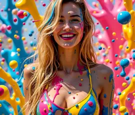 AI-generated abstract art of beautiful joyful women in vibrant swimsuits covered in colorful paint splat explosions — joy, fun, and rainbow color. By Jeff Dupler. Beautiful joyful woman in a vibrant colorful swimsuit covered in rainbow paint splat with paint exploding mid-air around her, AI-generated abstract art by Art by Innovation