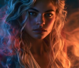 AI-generated abstract art of beautiful women gently enveloped in swirling translucent color mist, iridescent light shimmering on skin. By Jeff Dupler.