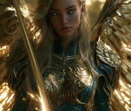 AI-generated holy archangel art — beautiful divine female angels with massive feathered wings and golden halos in cinematic celestial settings. UHD by Jeff Dupler.