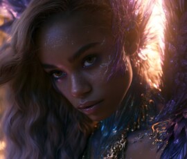 AI-generated fantasy art of beautiful divine female warrior angels descending from heaven — golden halos, enormous shimmering wings. By Jeff Dupler.