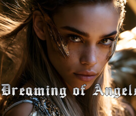 AI-generated fantasy art of beautiful divine female warrior angels descending from heaven — golden halos, enormous shimmering wings. By Jeff Dupler. Ethereal female angel with luminous wings in a dreamlike sky