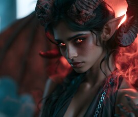 AI-generated sensual female demon art — succubi 3/4 human and 1/4 demon, with subtle horns and ember eyes in candlelit gothic chambers. UHD by Jeff Dupler.