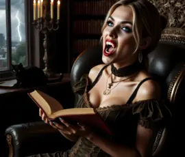 AI-generated young vampire princess — dangerous-innocent, gothic-fairytale beauty. Tower, mirror, balcony, library, black rose garden, masquerade. Young vampire princess with pale luminescent skin and crimson lips in candlelit gothic tower bedchamber, AI-generated cinematic dark gothic fairytale art by Art by Innovation