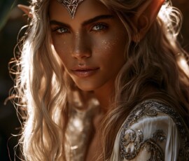 AI-generated female elves — high elf queen, wood elf ranger, dark elf sorceress, sea elf priestess, snow elf huntress. UHD ethereal fantasy by Jeff Dupler.
