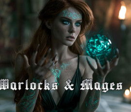 AI-generated female warlock art — beautiful young sorceresses at summoning circles, candlelit grimoires, and scrying mirrors in cinematic gothic fantasy. Female warlock channeling arcane energy in a mystical setting