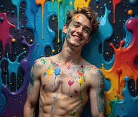 Two shirtless young men splattered in vibrant paintball color after an outdoor battle, holding paintball guns and grinning — AI-generated abstract male art Two shirtless young men splattered in vibrant paintball color after an outdoor battle, holding paintball guns and grinning — AI-generated abstract male art