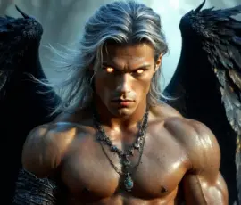 In this gallery, handsome AI-generated fallen dark angels with massive black and silver wings — gothic beauty and terrifying divine power. Handsome shirtless fallen dark angel with massive black and silver wings in gothic dark setting UHD