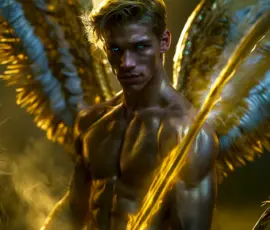 Handsome male angel with enormous golden shimmering wings and golden halo lighting UHD Handsome male angel with enormous golden shimmering wings and golden halo lighting UHD