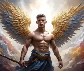 Beautiful male angel with enormous vibrantly colored shimmering wings in UHD Beautiful male angel with enormous vibrantly colored shimmering wings in UHD