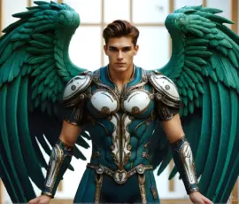 Handsome male warrior angel in divine holy armor with vibrant wings in golden city of heaven UHD Handsome male warrior angel in divine holy armor with vibrant wings in golden city of heaven UHD