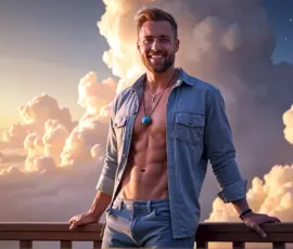 Handsome mature man in his 30s on a balcony overlooking a majestic golden city in the heavens, AI-generated art by Art by Innovation Handsome mature man in his 30s on a balcony overlooking a majestic golden city in the heavens, AI-generated art by Art by Innovation
