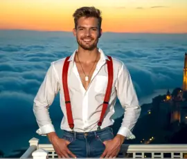 Beautiful handsome young man in his 20s on a balcony overlooking a majestic golden city in the heavens, AI-generated art by Art by Innovation Beautiful handsome young man in his 20s on a balcony overlooking a majestic golden city in the heavens, AI-generated art by Art by Innovation