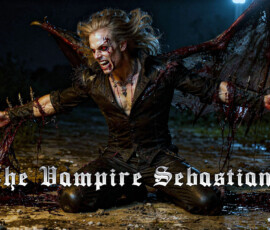 A photorealistic AI art story — Sebastian, 21 in body but 121 in years, drenched in blood and remorse a century after the night he was turned. Vampire Sebastian brooding in shadow with blood-red accents
