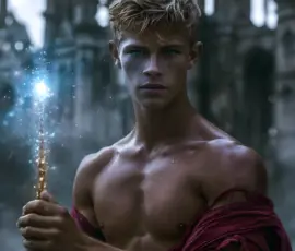 Handsome shirtless wizard of the lion house conjuring a great white lion at the wizard academy castle, AI-generated fantasy art by Art by Innovation