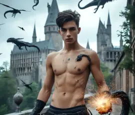 House Slytherin of Hogwarts Art Gallery Handsome shirtless wizard of the serpent house conjuring demonic snakes at the wizard academy castle, AI-generated dark fantasy art by Art by Innovation