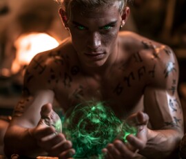 Handsome AI-generated young male warlocks at summoning circles, candlelit libraries, and stormy ritual sites — gothic spellcasters with arcane power written across their skin. Handsome young male warlock casting arcane magic with glowing sigils and a summoning circle in a candlelit gothic ritual chamber, AI-generated dark fantasy art