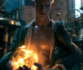 AI-generated wizards of the serpent house handsome shirtless mages of the wizard academy conjuring demonic snakes in dark cinematic UHD fantasy art.