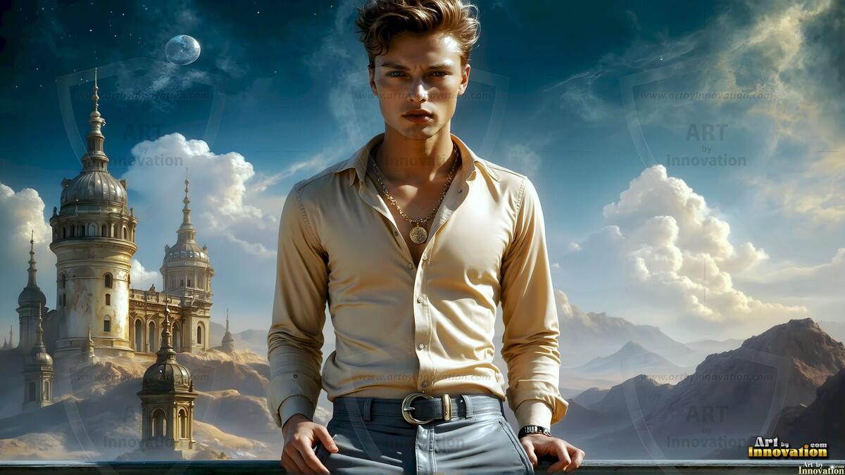 AI-generated Golden City Young Men — beautiful handsome young men in their teens and 20s on balconies overlooking a majestic golden heavenly city. 349 images by Jeff Dupler.