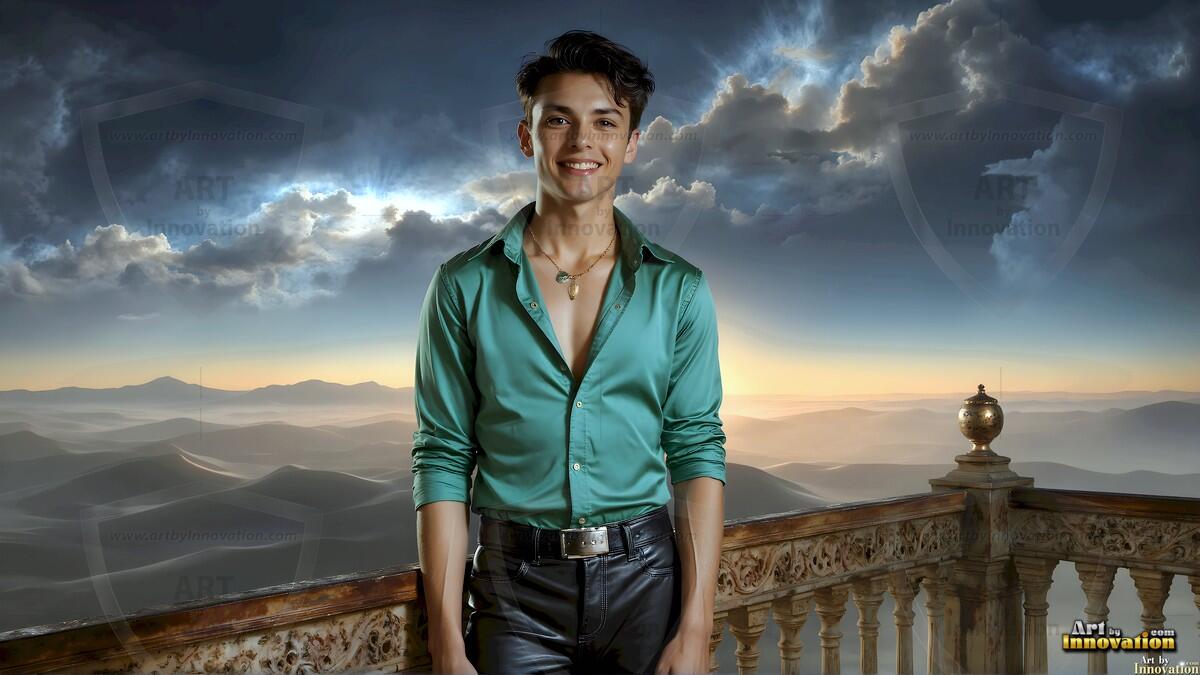 AI-generated Golden City Young Men — beautiful handsome young men in their teens and 20s on balconies overlooking a majestic golden heavenly city. 349 images by Jeff Dupler.