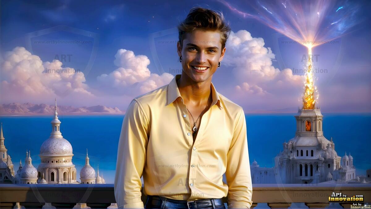 AI-generated Golden City Young Men — beautiful handsome young men in their teens and 20s on balconies overlooking a majestic golden heavenly city. 349 images by Jeff Dupler.