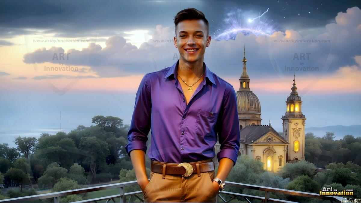 AI-generated Golden City Young Men — beautiful handsome young men in their teens and 20s on balconies overlooking a majestic golden heavenly city. 349 images by Jeff Dupler.