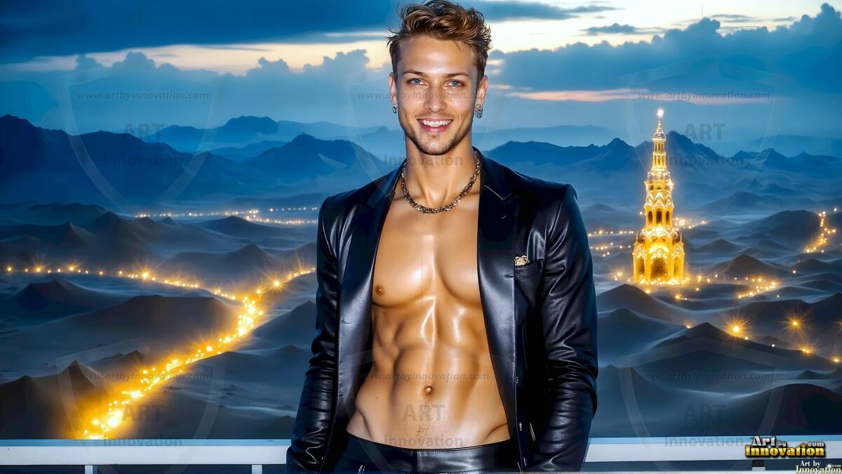 AI-generated Golden City Young Men — beautiful handsome young men in their teens and 20s on balconies overlooking a majestic golden heavenly city. 349 images by Jeff Dupler.