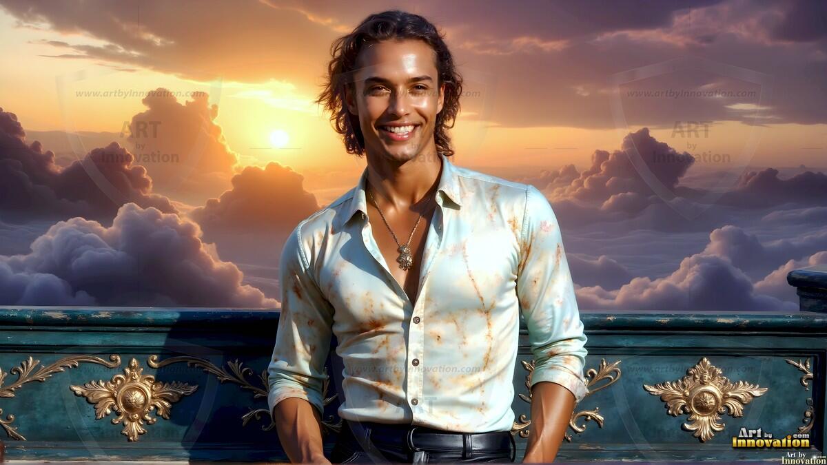 AI-generated Golden City Young Men — beautiful handsome young men in their teens and 20s on balconies overlooking a majestic golden heavenly city. 349 images by Jeff Dupler.