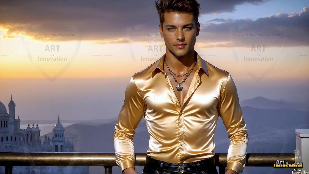 AI-generated Golden City Young Men — beautiful handsome young men in their teens and 20s on balconies overlooking a majestic golden heavenly city. 349 images by Jeff Dupler.