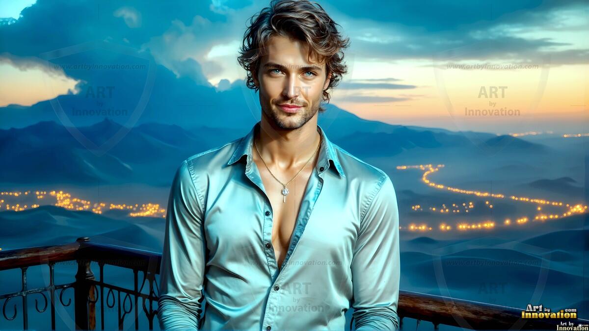 AI-generated Golden City Young Men — beautiful handsome young men in their teens and 20s on balconies overlooking a majestic golden heavenly city. 349 images by Jeff Dupler.