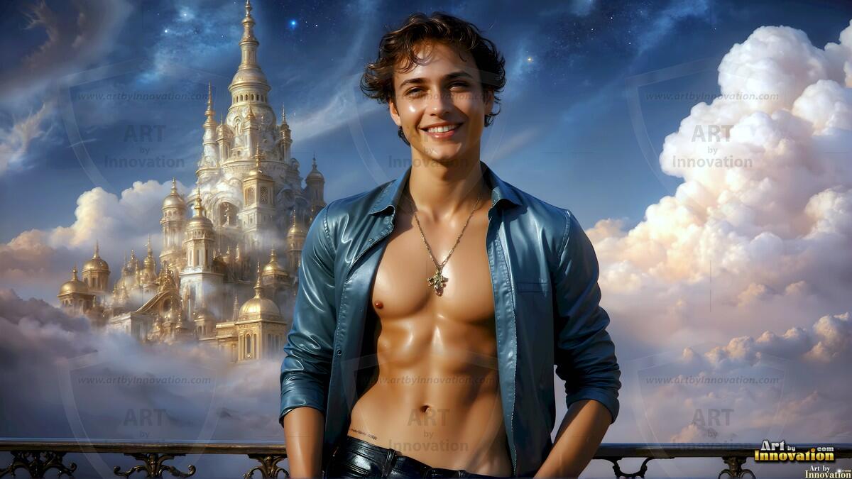 AI-generated Golden City Young Men — beautiful handsome young men in their teens and 20s on balconies overlooking a majestic golden heavenly city. 349 images by Jeff Dupler.