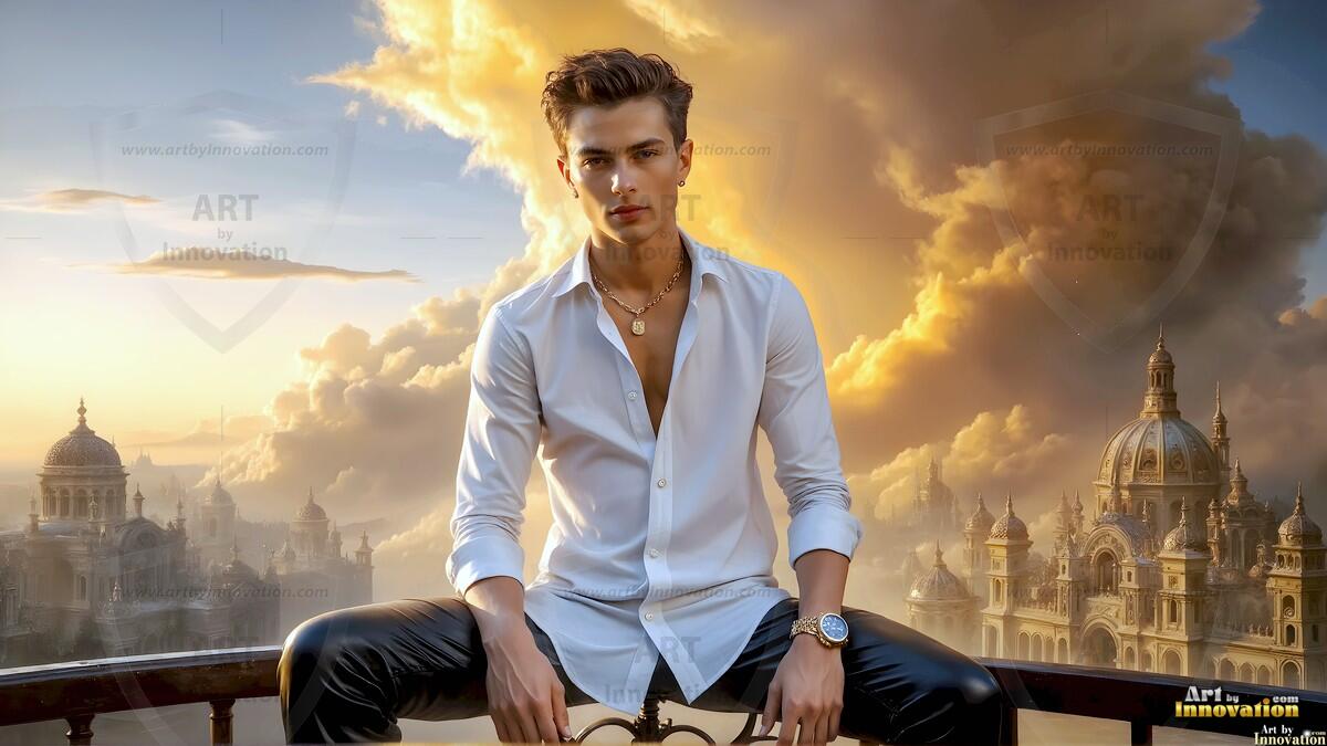 AI-generated Golden City Young Men — beautiful handsome young men in their teens and 20s on balconies overlooking a majestic golden heavenly city. 349 images by Jeff Dupler.