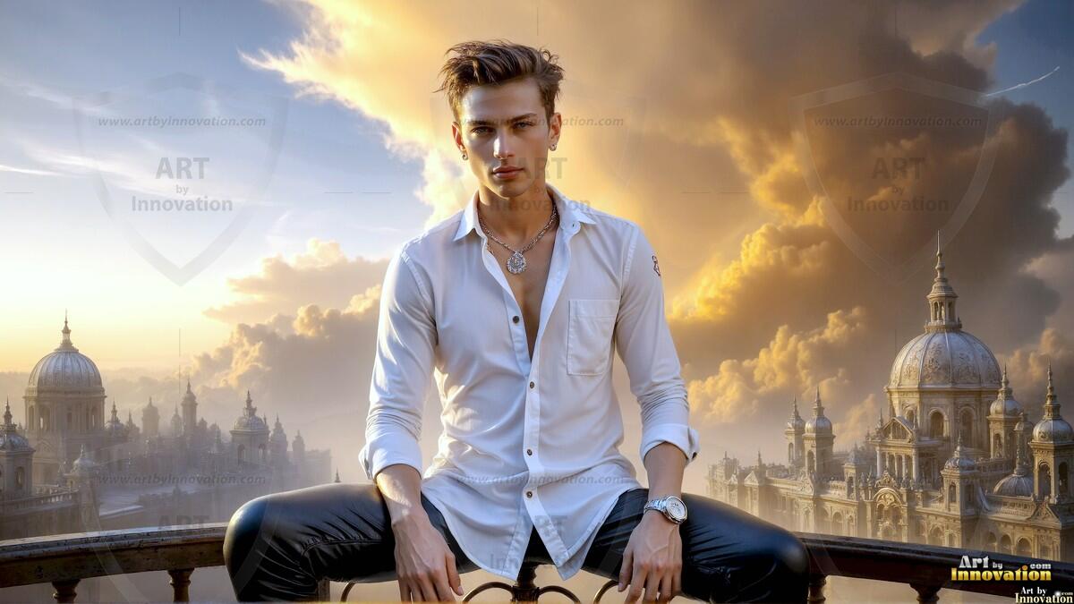 AI-generated Golden City Young Men — beautiful handsome young men in their teens and 20s on balconies overlooking a majestic golden heavenly city. 349 images by Jeff Dupler.