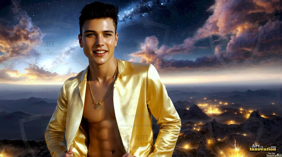AI-generated Golden City Young Men — beautiful handsome young men in their teens and 20s on balconies overlooking a majestic golden heavenly city. 349 images by Jeff Dupler.