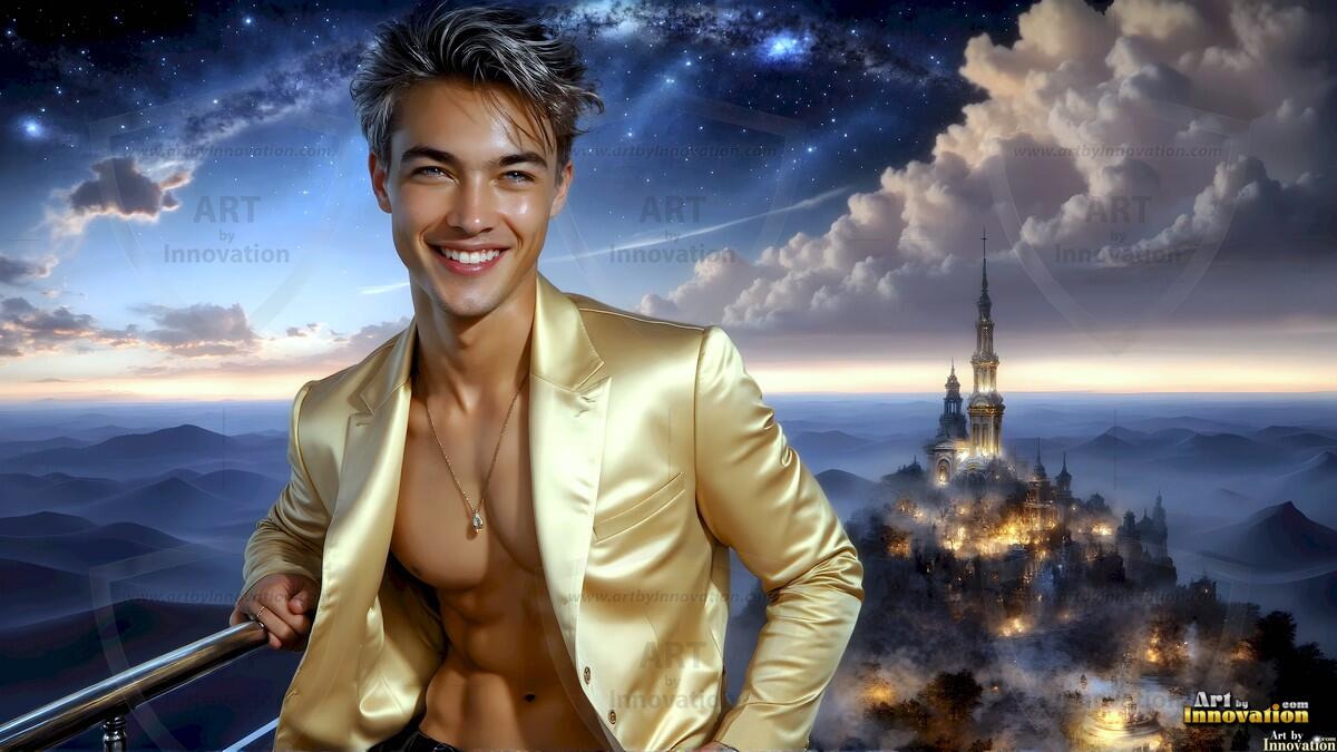 AI-generated Golden City Young Men — beautiful handsome young men in their teens and 20s on balconies overlooking a majestic golden heavenly city. 349 images by Jeff Dupler.